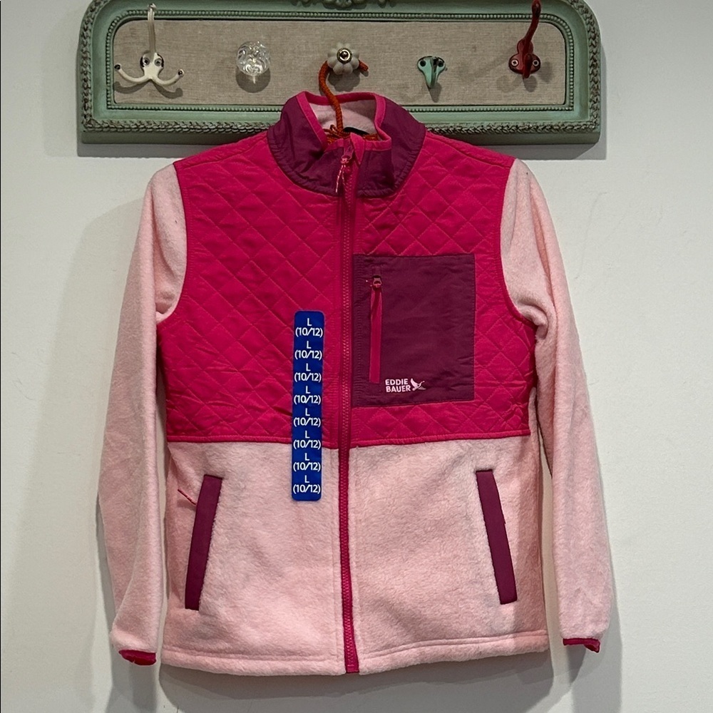 Eddie Bauer Pink Burgundy Fleece Jacket full zip up color block large new kids